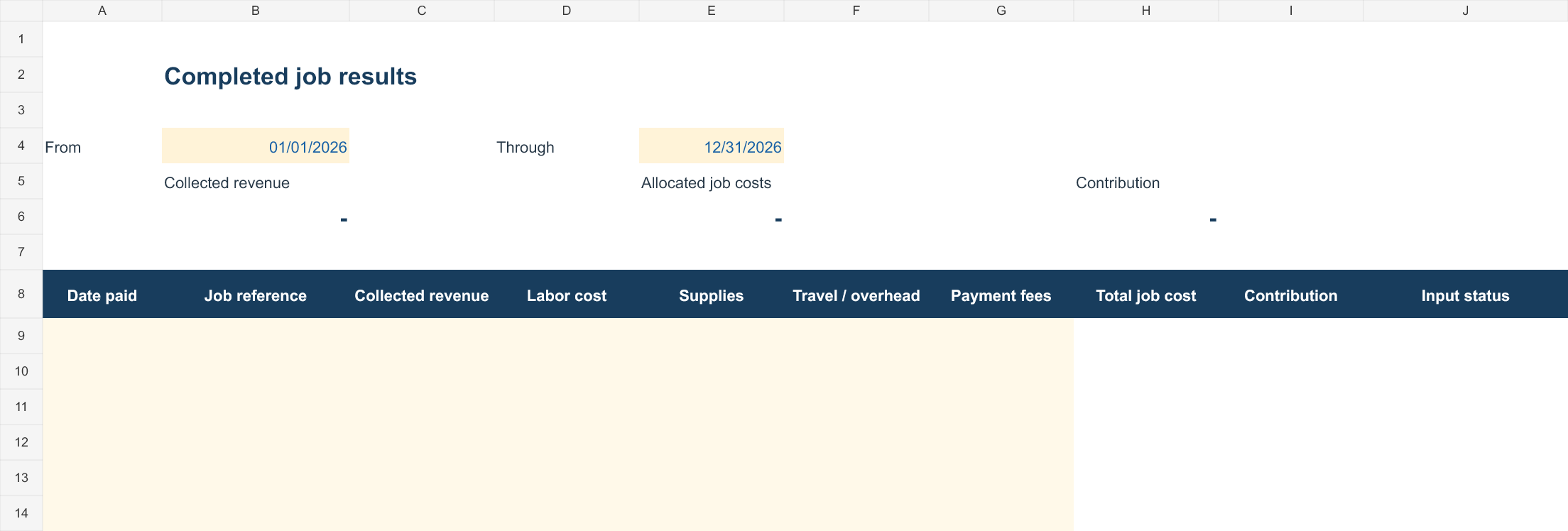 Empty job tracker with date filters and columns for revenue, costs and contribution